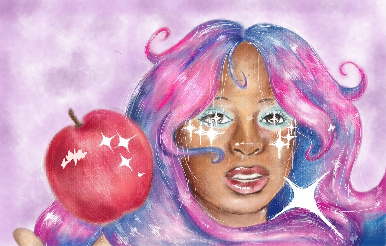A painted portrait of Hemlocke Springs with wavy iridescent pink and purple hair, white star‑shaped makeup and blue eyeshadow, holding her hand up as a floating apple hovers above it. The background is a watercolor-style blend of purple shades.