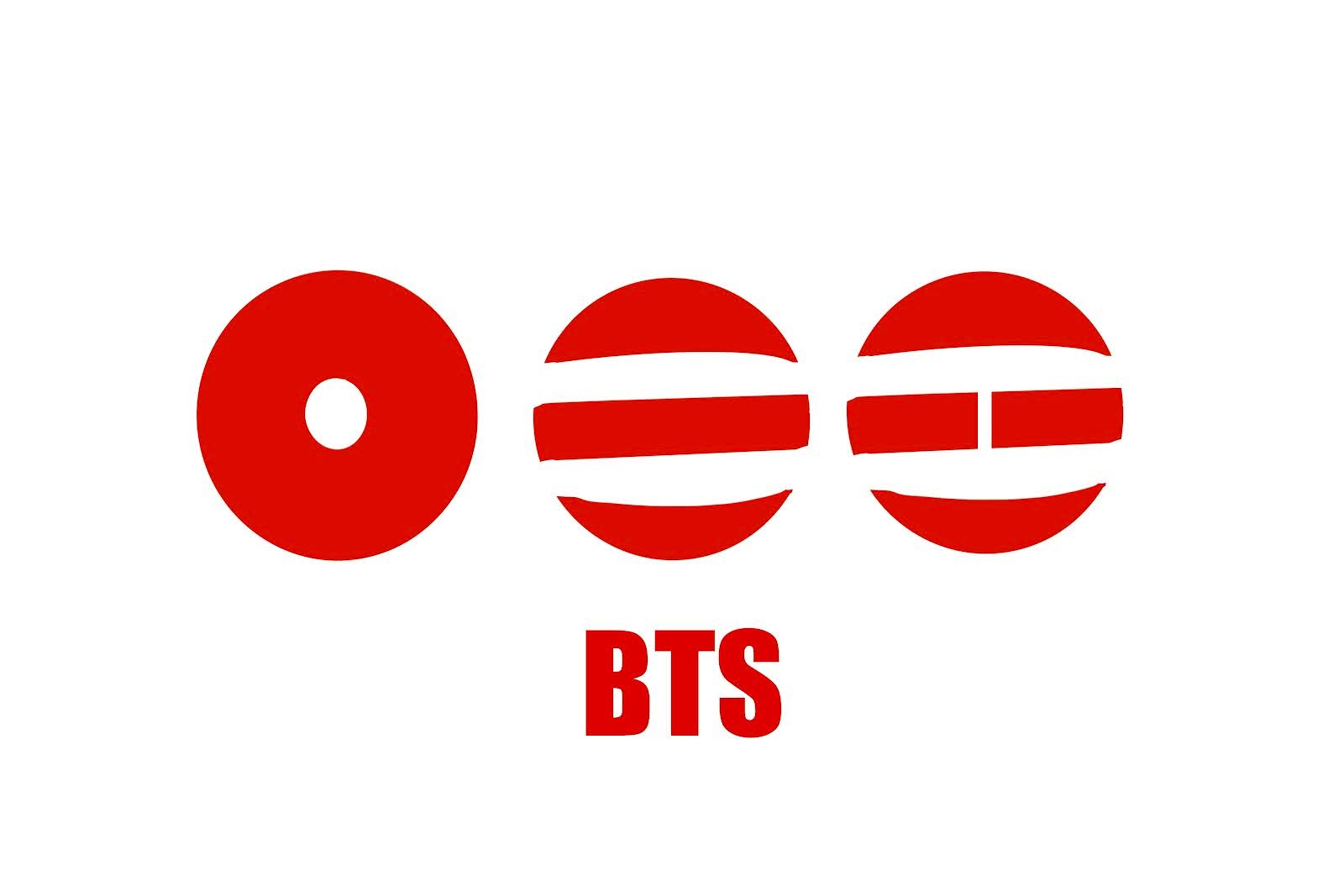 A recreation of the cover art of BTS' upcoming fifth album, Arirang. Three red circles — the leftmostt with a white hole in the middle, the middle with thick white lines below, and the rightmost with the same thick white lines, but with a vertical white line connecting them — stand on a white back ground. A capitalized 