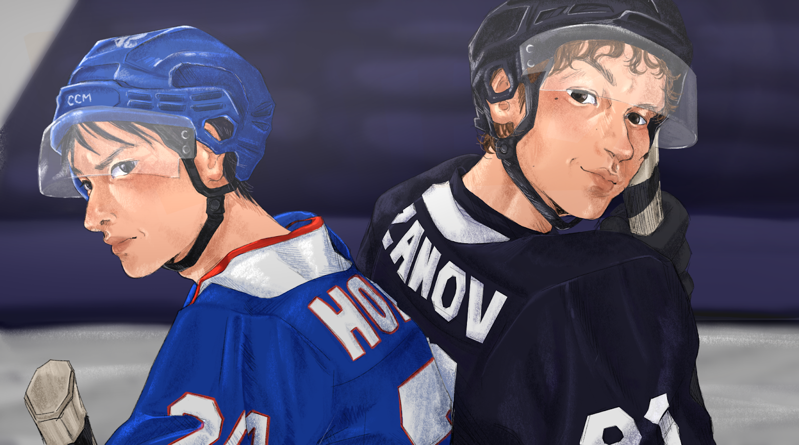 Alt: A realistic drawing of a frowning Shane Hollander (Hudson Williams) and smiling Ilya Rosanov (Connor Storrie) from the show, Heated Rivalry – standing back to back on the ice rink. Both are wearing uniforms and helmets with their respective team’s colors blue and black. The background is a blurred ice rink with light shining from the top left corner.