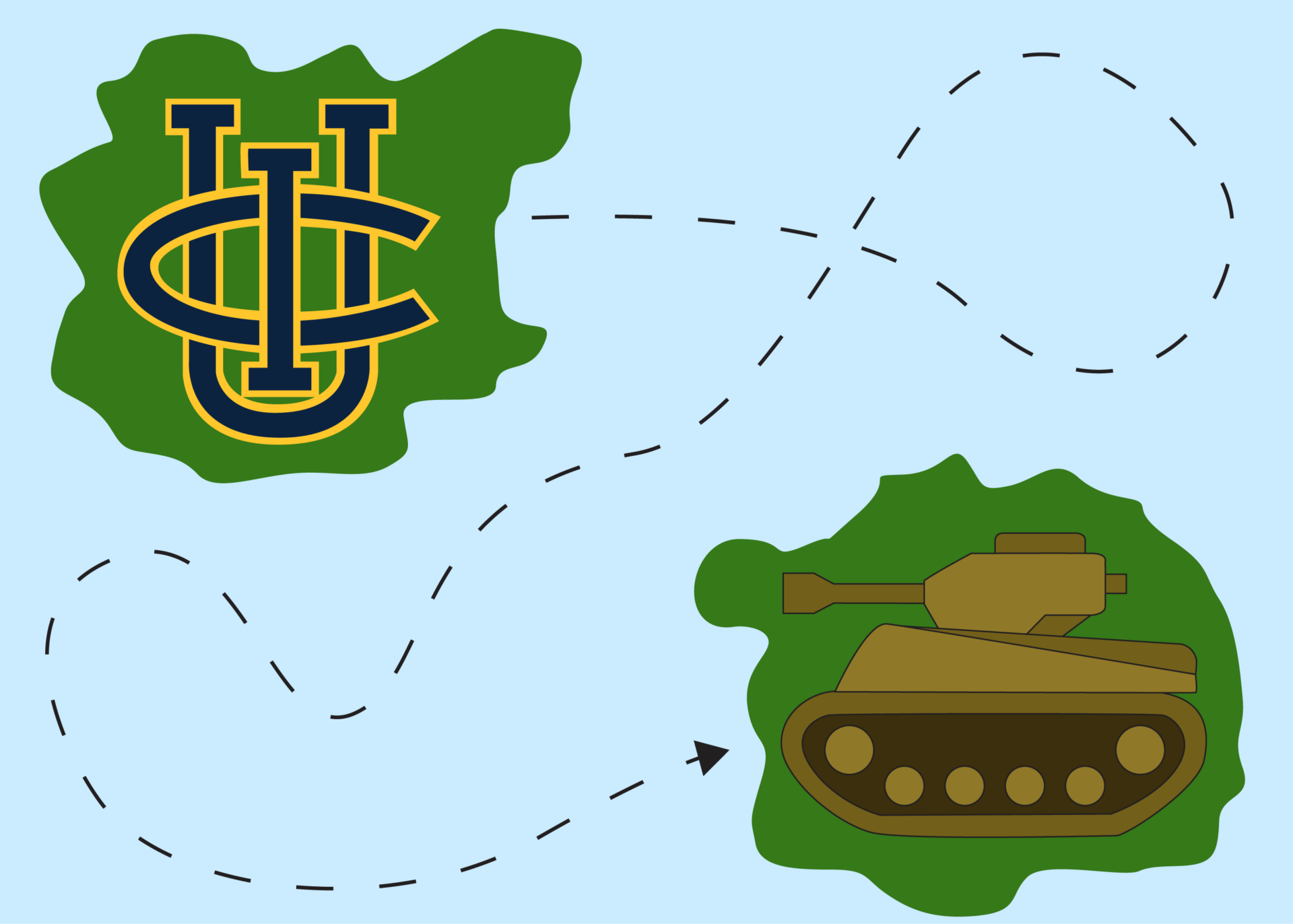 The UC Irvine logo is shown with a connected arrow to a military tank.