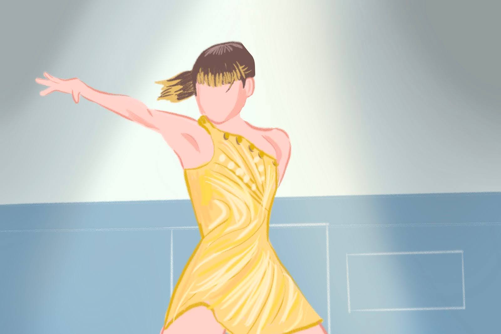 A drawing of a faceless Alysa Liu in a sleeveless yellow dress. She points to the left, mid-skate, and is set against a blue background