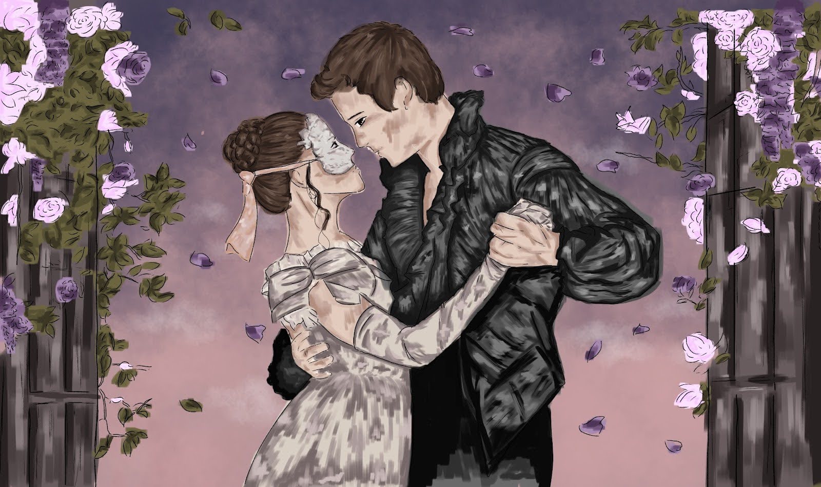 Drawing of Bridgerton characters, Sophie in a white dress and mask and Benedict in a black suit, dancing under a dark veranda with purple flowers and a purple sky.