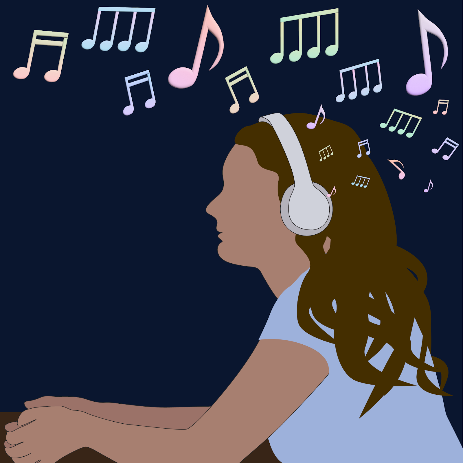 Graphic of a girl with brown hair wearing headphones. She is wearing a blue shirt against a dark blue background and colorful music notes fly in the air above her.