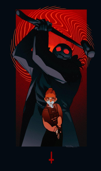 A small figure in the foreground wears a beanie and tactical vest and aims a handgun towards the right. Behind them, a much larger dark figure with glowing red eyes raises a bat overhead, framed against a red rectangle filled with swirling lines. A red cross-like mark appears beneath the image on the dark background