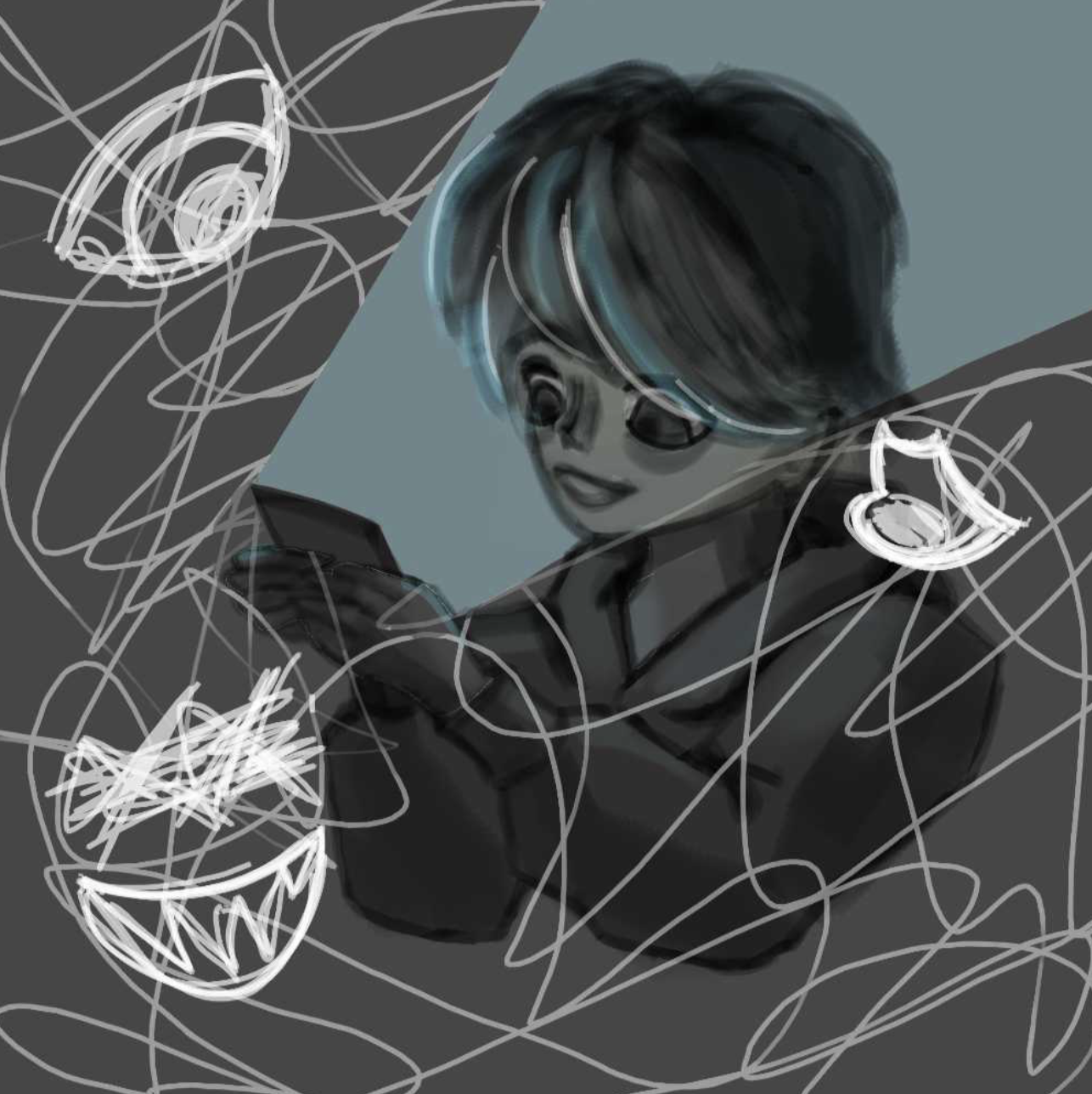 A child in the dark on their phone, smiling. On the top is an eye staring down at the child, in the middle is a mouth whispering to him, on the bottom is a smiling face.