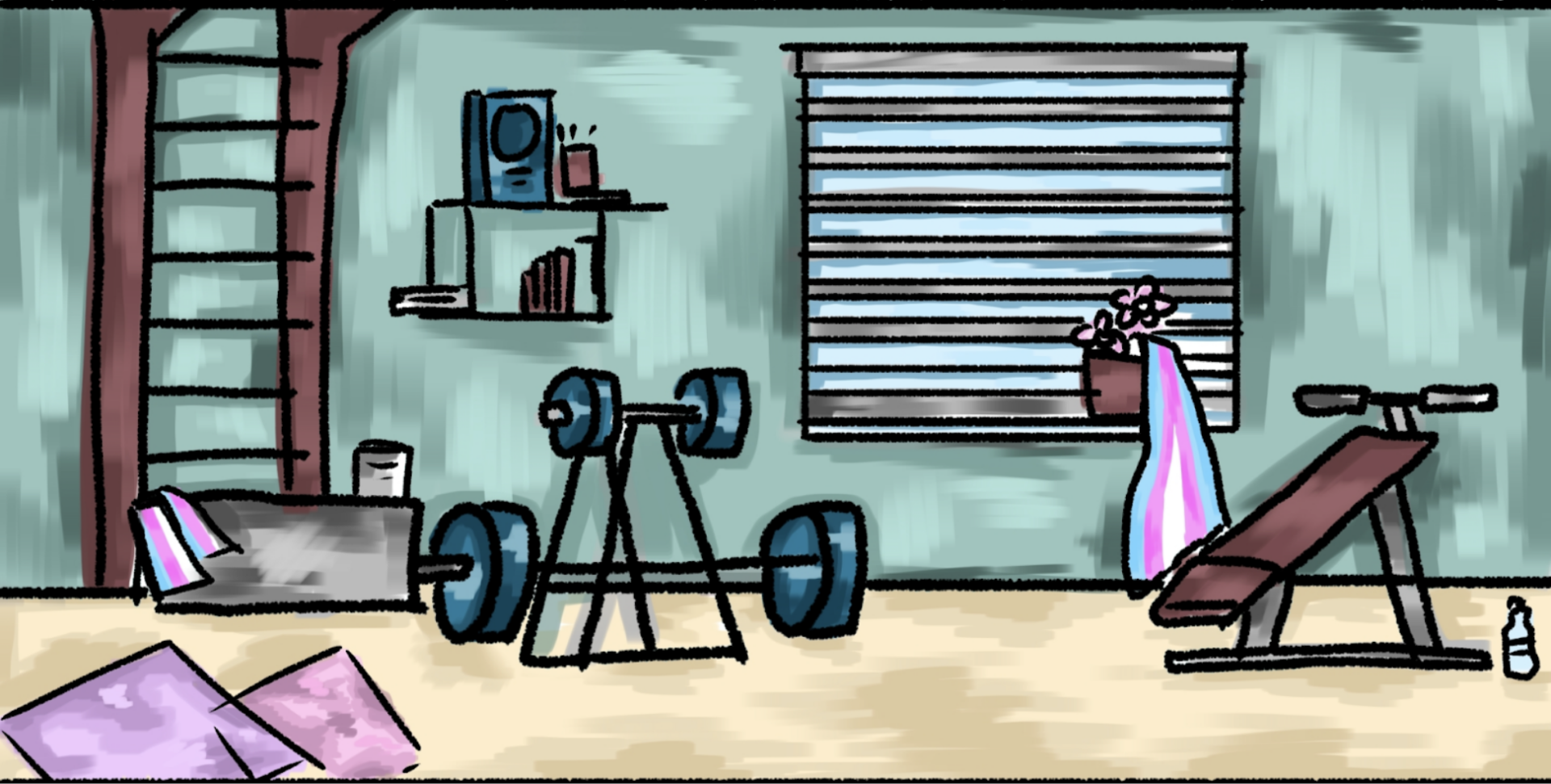 A cartoon gym with a turquoise background is shown as a transgender flag peeks out of a flowerpot on a windowsill. Another transgender flag peeks out of a crate holding gym materials.
