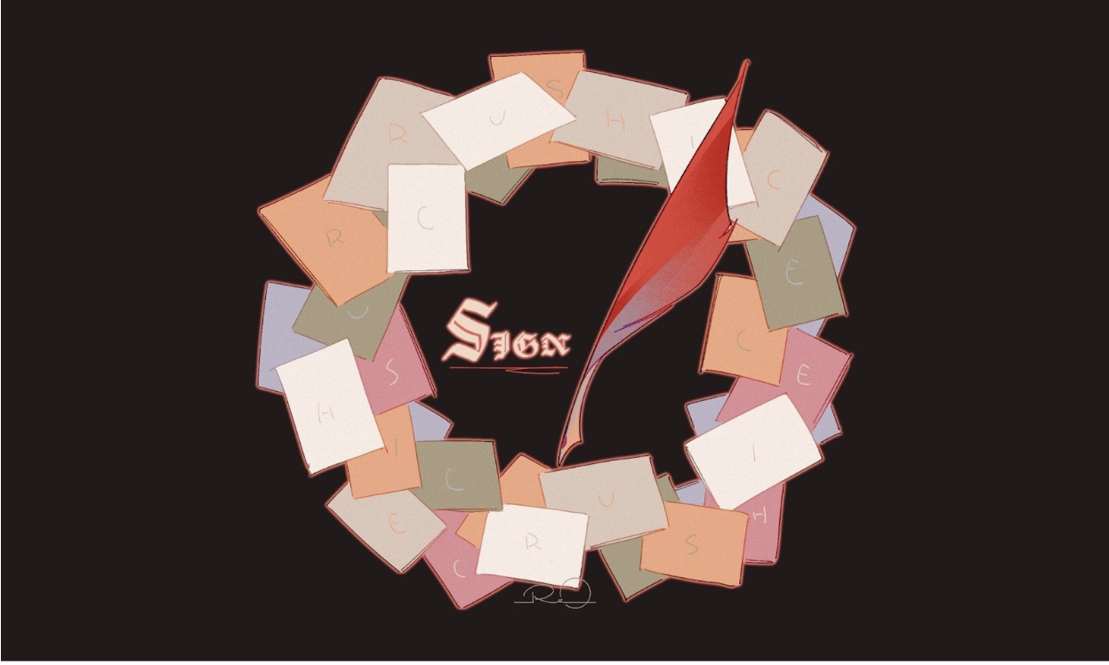 A ring of colorful paper sheets form a circle on a dark background. Faint letters on the sheets spell out “CRUSH ICE” — a slogan from common petition signs — around the ring. In the center, the word “sign” appears with a red pen nib pointed inward toward it.