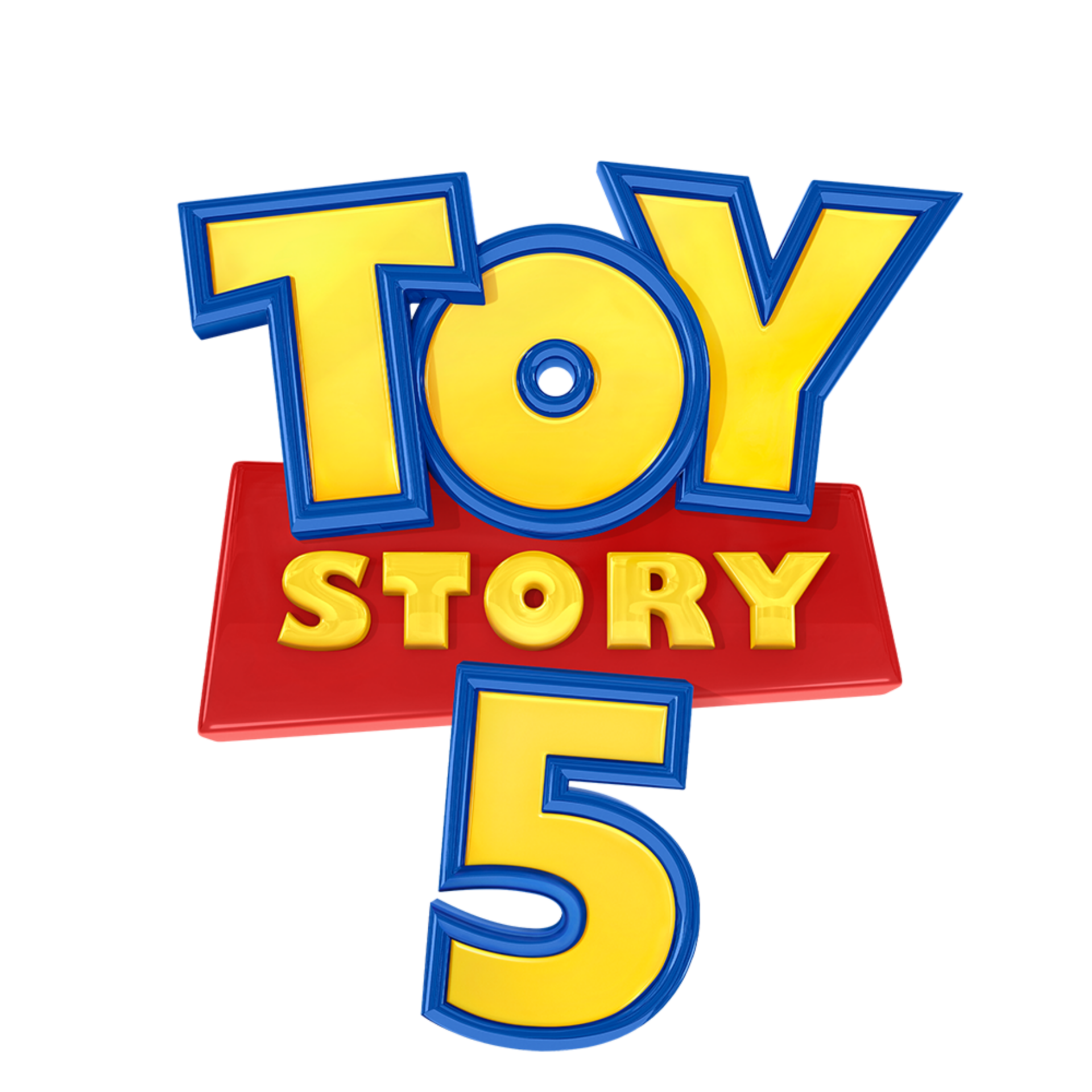The official Toy Story 5 logo. Like the Toy Story movie logos before it, Toy and 5 are in yellow bubble lettering with blue borders, while Story is in yellow block letters and in a red quadrilateral between Toy and 5. The Disney and Pixar logos read left to right above.