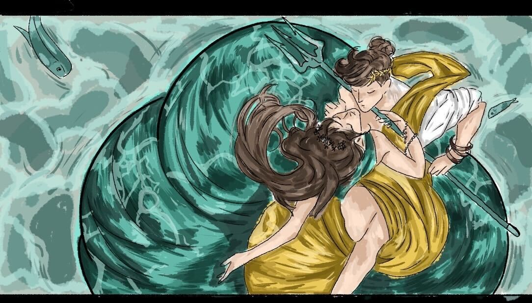 A green ocean with a woman and man dancing together in yellow clothing. The viewer sees the two from above.