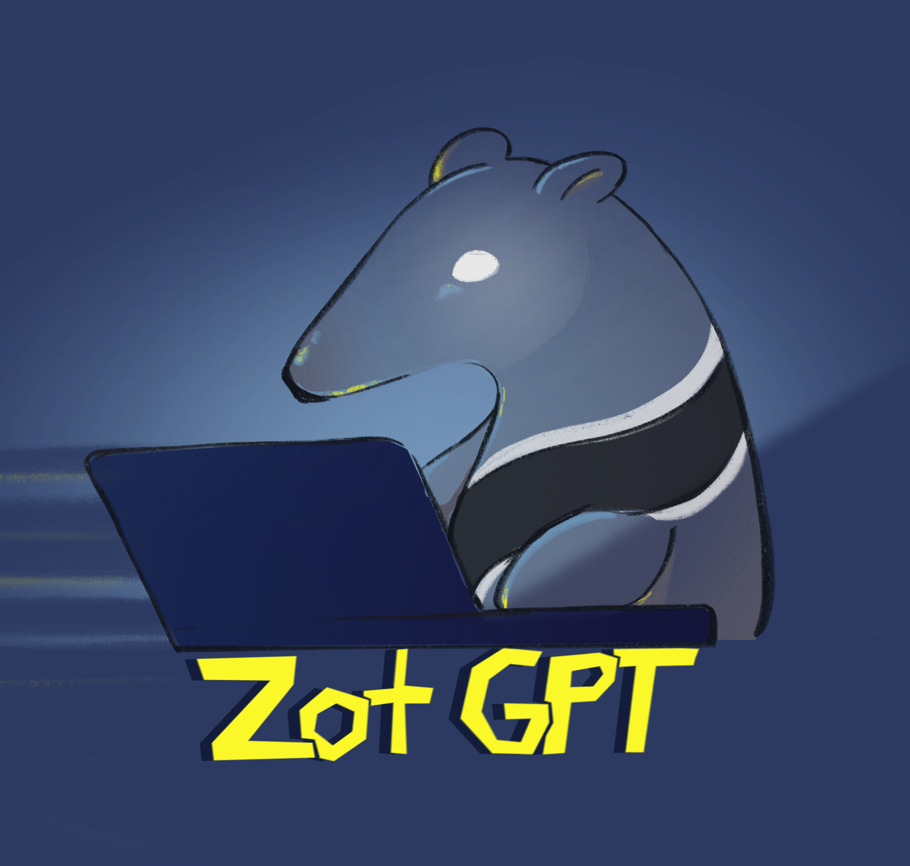 A drawing of an Anteater with white eyes using a dark blue computer with light glowing from the computer. At the common of the computer there is yellow blocky words that read out 