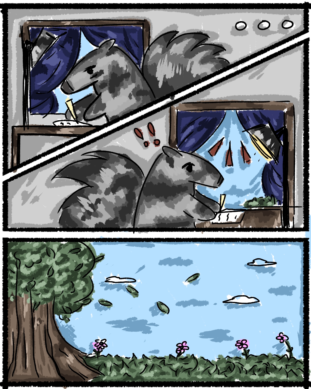 A 3-panel comic, with the first panel showing Peter the Anteater studying and writing at his desk with a window behind him. In the second panel, Peter looks surprised as he looks out the window to find a beautiful spring day. This spring day is the third and final panel and shows a large tree, grass, and pink flowers encasing the scenery.