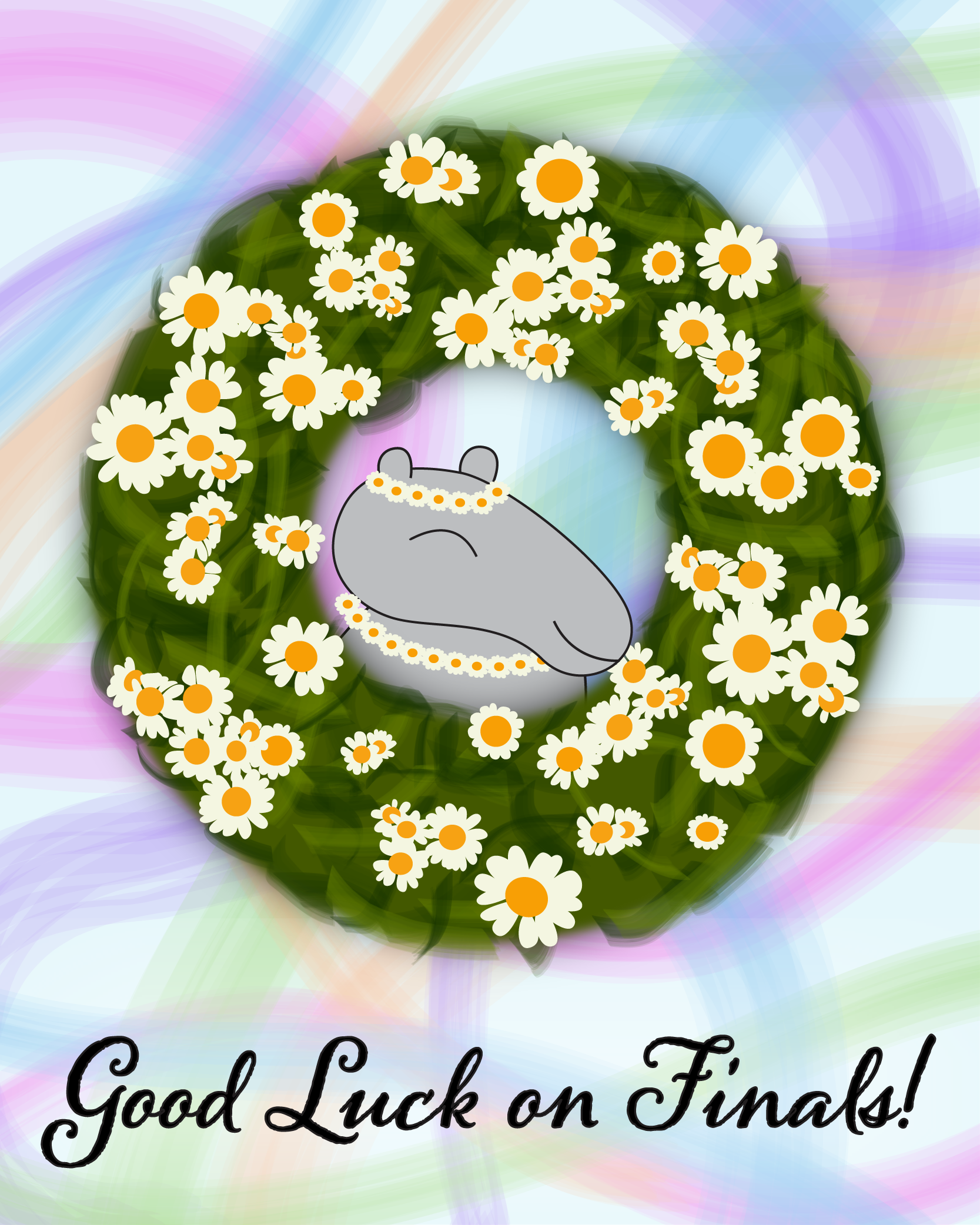 Peter the anteater smiles from the center of a green wreath covered daisies. He wears a daisy crown and necklace and the background is full of pastel streaks. The words 
