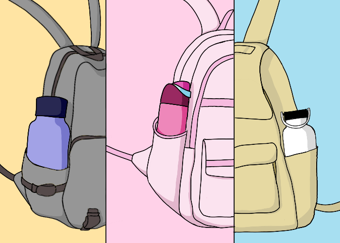 Three different backpacks with 3 different water bottles in the pockets next to each other.