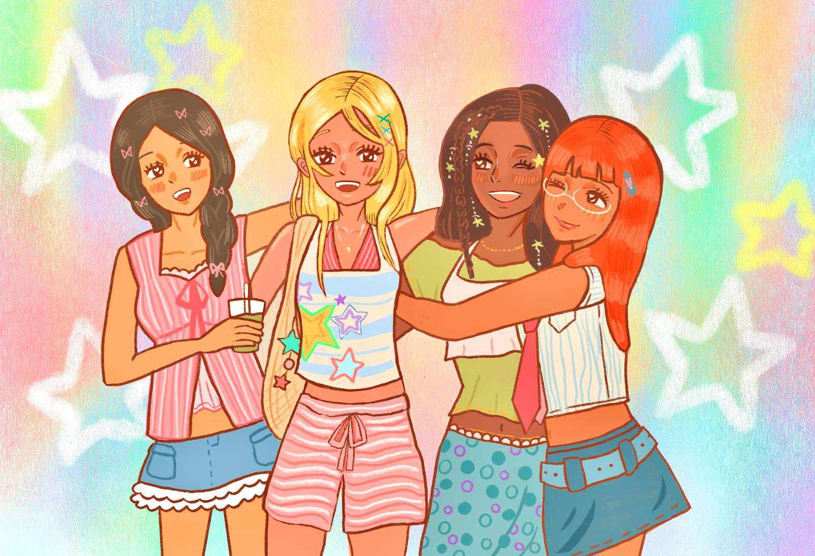 Three cartoon girls who are wearing colorful outfits are hugging and embracing. There is a pastel background with a patchwork of stars.