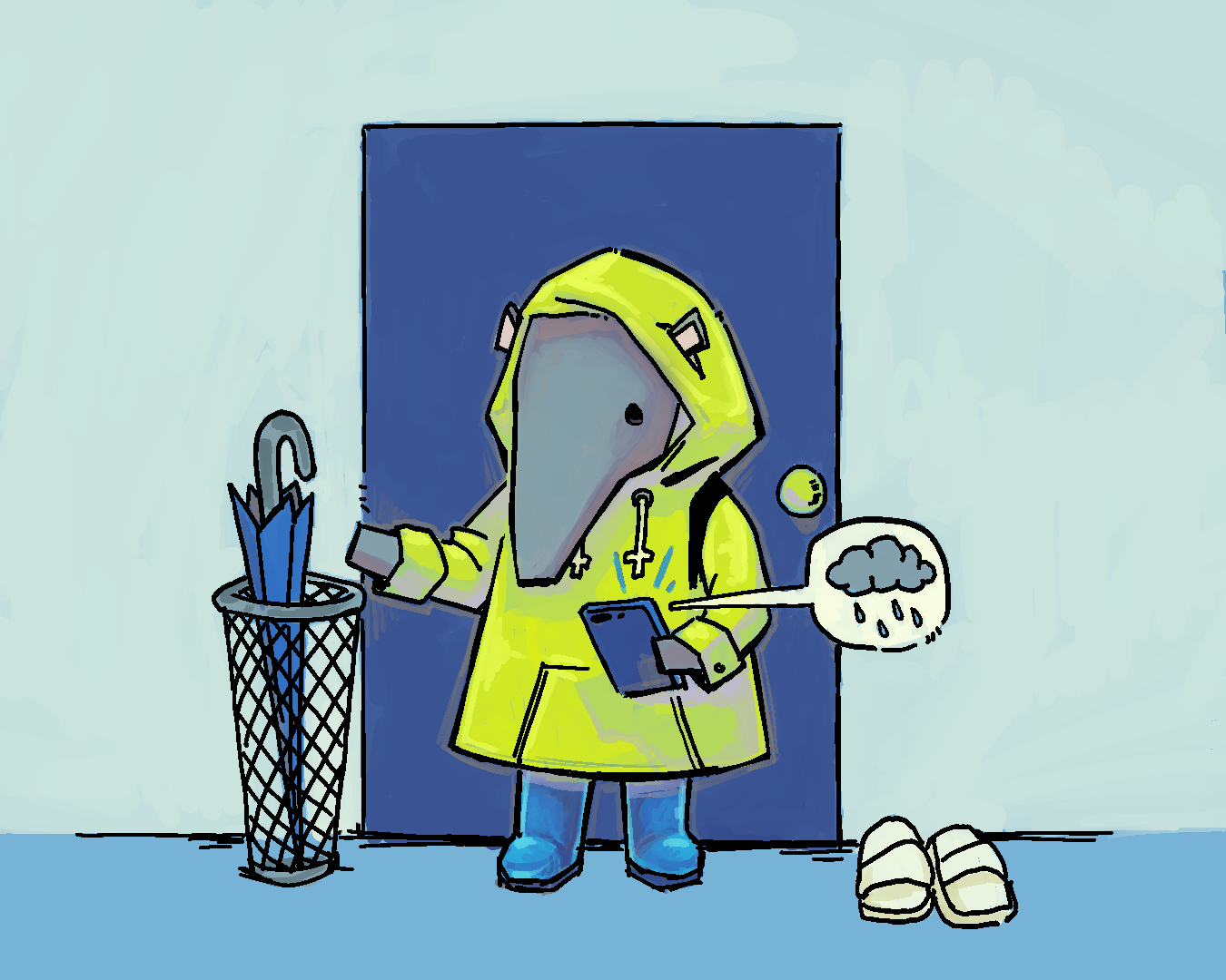 A gray cartoon anteater dressed in a yellow raincoat and blue rainboots is checking the weather app on their cellphone, which shows it is going to rain.