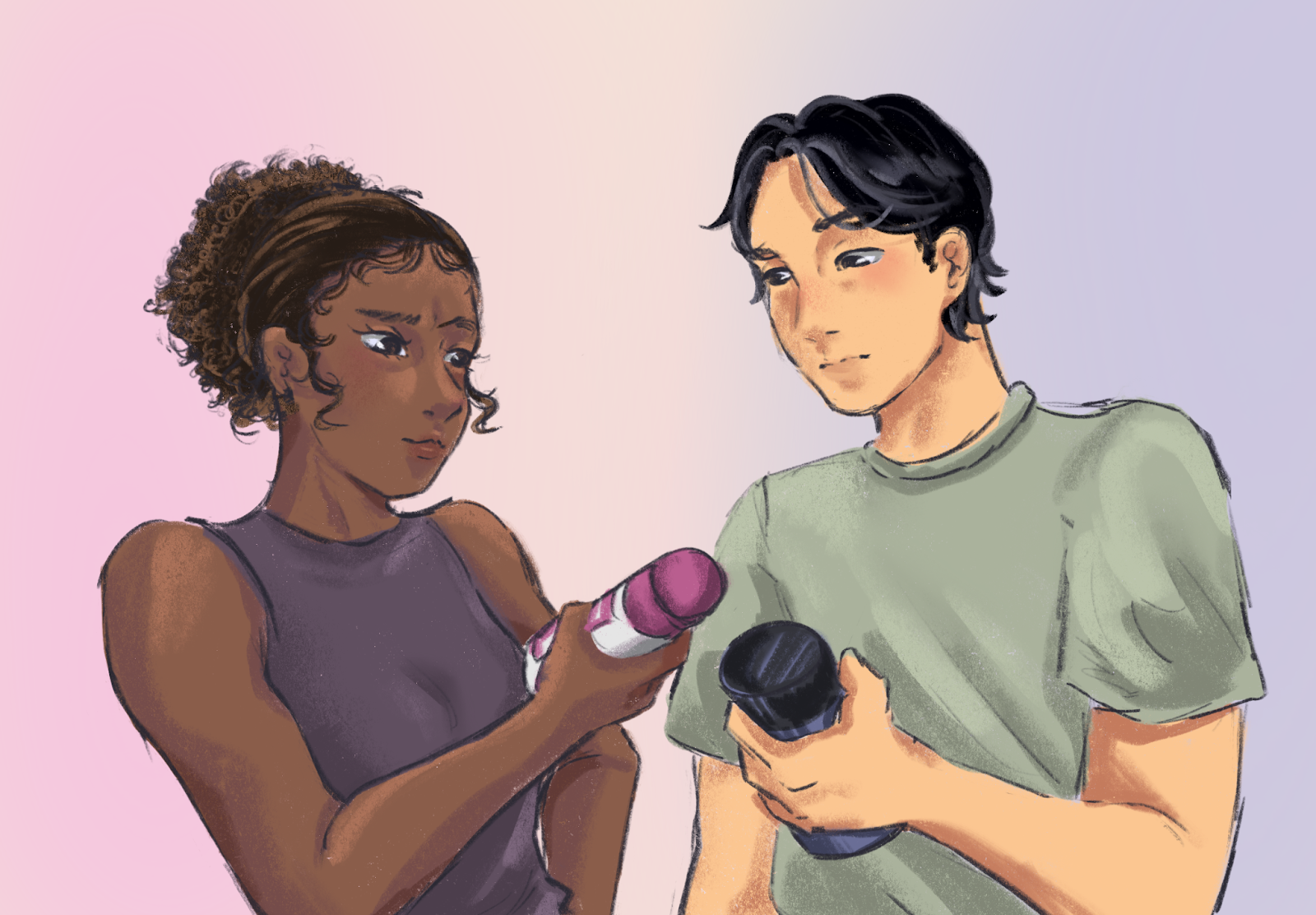 A confused black woman wearing a purple top looks at a pink shampoo bottle in her hands while the man wearing a gray shirt looks at the blue and black shampoo bottle in his hands. The background is a beige color with a light pink gradient from the left and a light blue gradient from the right.