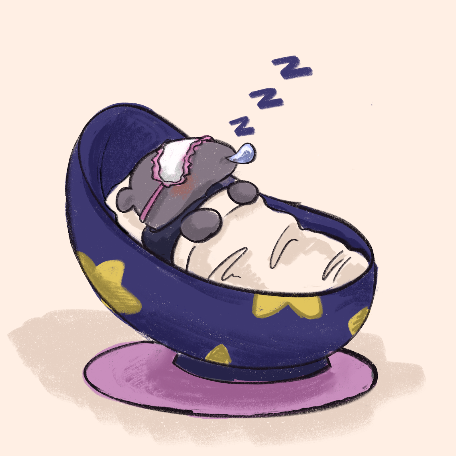 A cute cartoon of Peter the Anteater sleeping with a pink sleep mask in a bean like pod--with star decals on the sides. With a pink rug below. Peter is sleeping while covered with a pale beige blanket and a snot bubble coming off his nose. The background is a solid pale beige color.