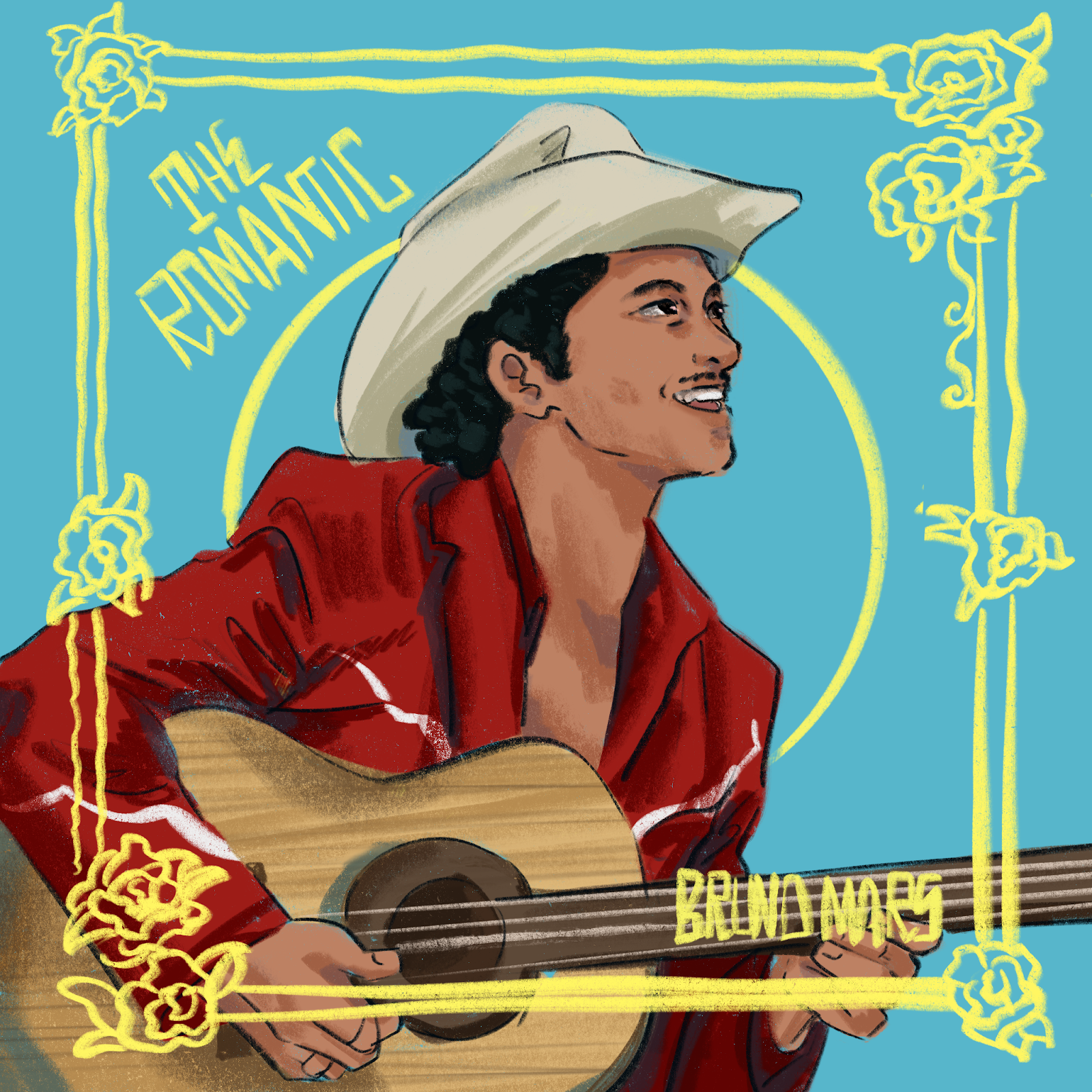 A drawing of Bruno Mars looking to the side, wearing a red suit and white cowboy hat, singing as he plays the guitar. There is a bright yellow outline that are identical to his album cover, flowers and vines creating a square around him. The word 