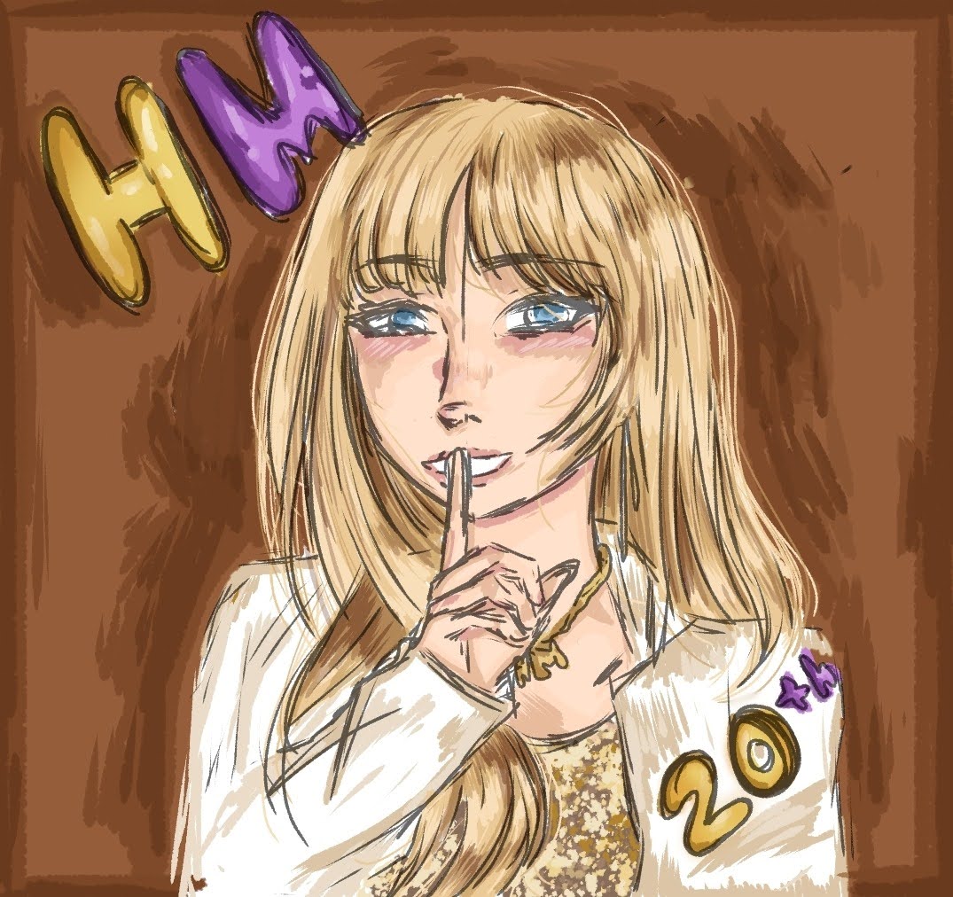 A graphic of Hannah Montana, with blonde hair and blue eyes, wearing a white jacket and gold top. Set in front of a brown background, she's shushing the viewer. Her initials are written in the top left corner in the colors yellow and purple. The bottom right says 20th, also in yellow and purple.
