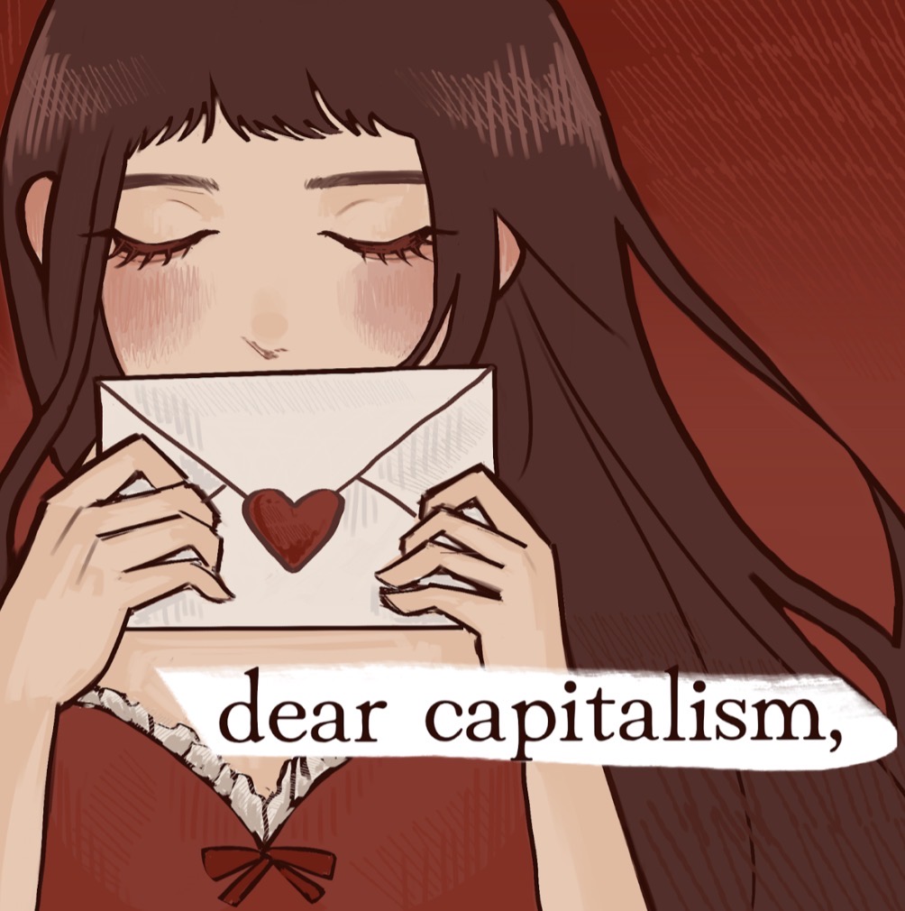 A stylized drawing of a girl with brown hair wearing a red top. The girl's eyes are closed, and she is holding a sealed envelope up to cover the lower half of her face. The background is red, and the text reads, 