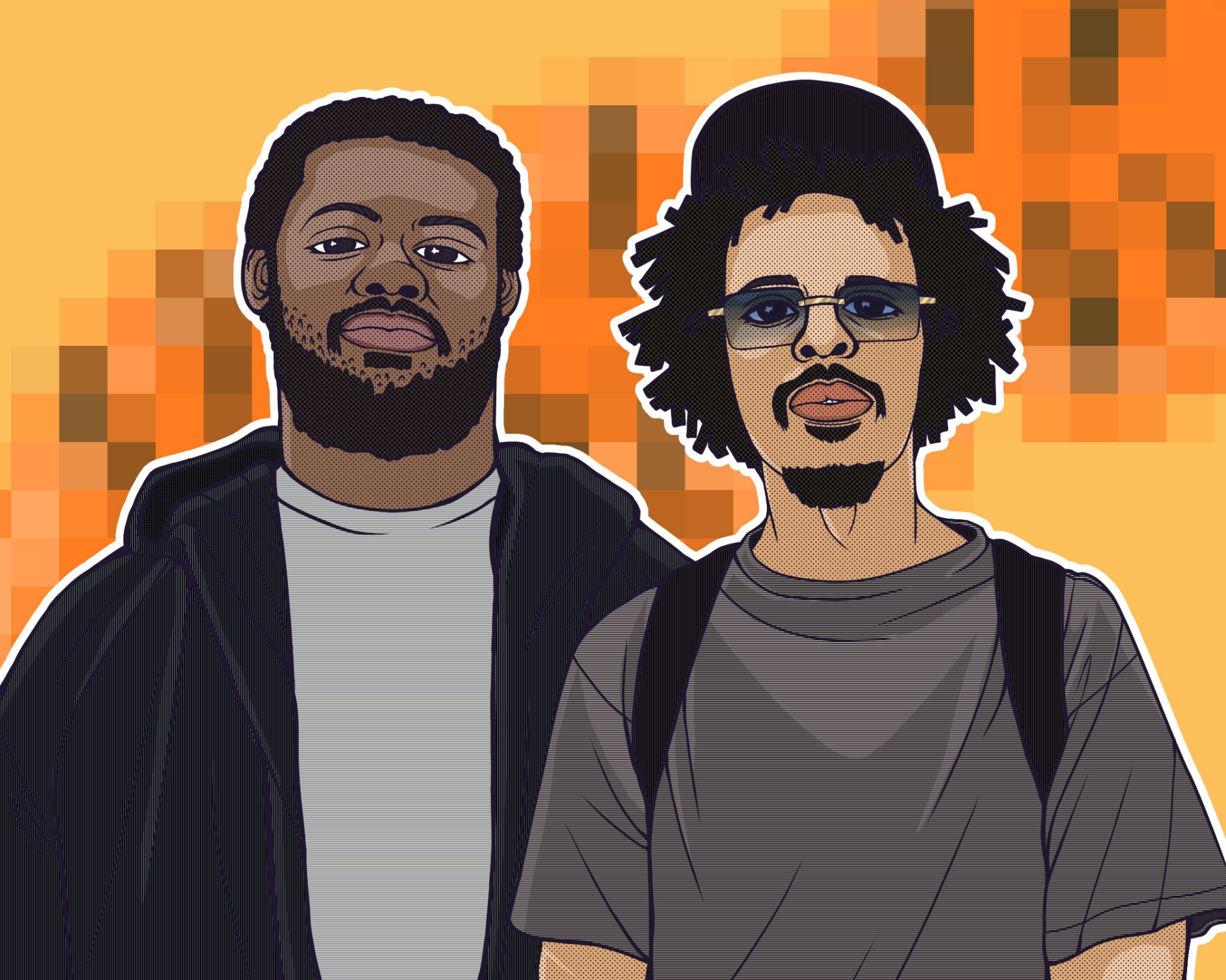 The graphic features two men in black and gray clothes against a pixelated orange background. The may on the right wears a backpack, sunglasses and a baseball cap. The man on the left wears a jacket.