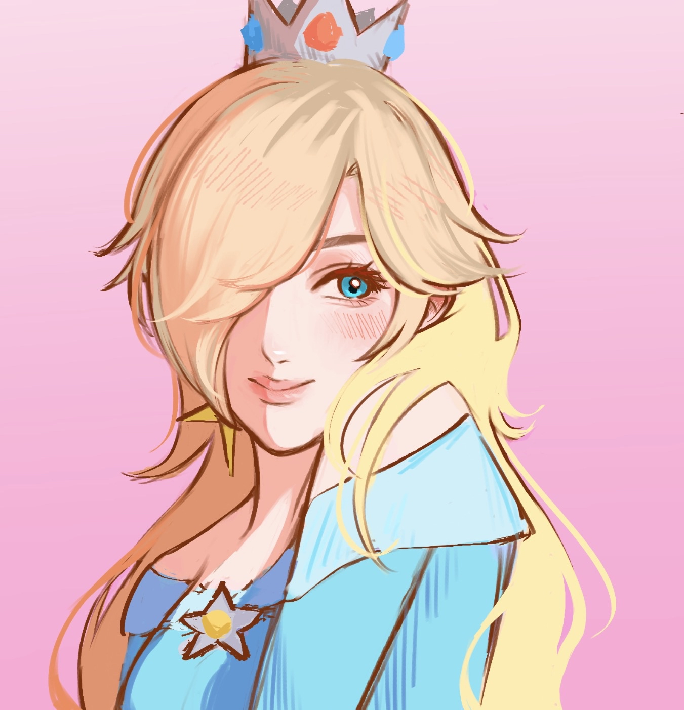 A bust drawing of Nintendo character Rosalina. She is facing straight and looking to the side while her body is turned at a three-fourths angle. She is pale with blonde hair and blue eyes. She is wearing a crown on her head and a turquoise dress that has a star in the middle of the neckline. The background is a pink gradient.