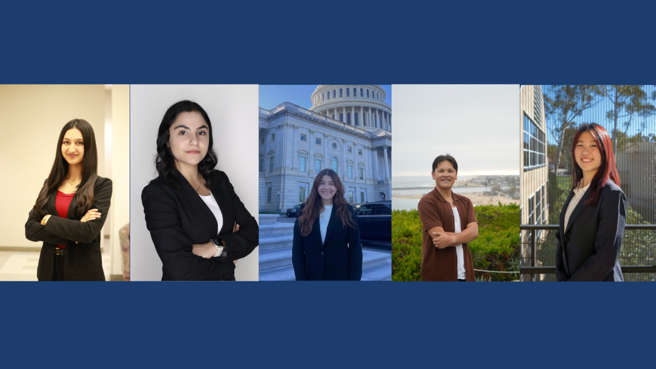 Candidates Devika Vithalani, Yara Shakhshir, Ashley Gurrola, Jose Ramos and Charleen Pan are shown in that order in the image. The photos are within a dark blue border.