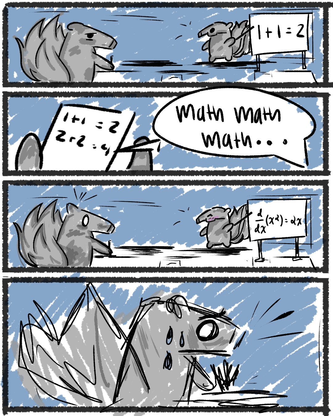 In the first panel, Peter the Anteater, as a student, is listening in class to a Professor Anteater as the Professor teaches math. On the board, it says 