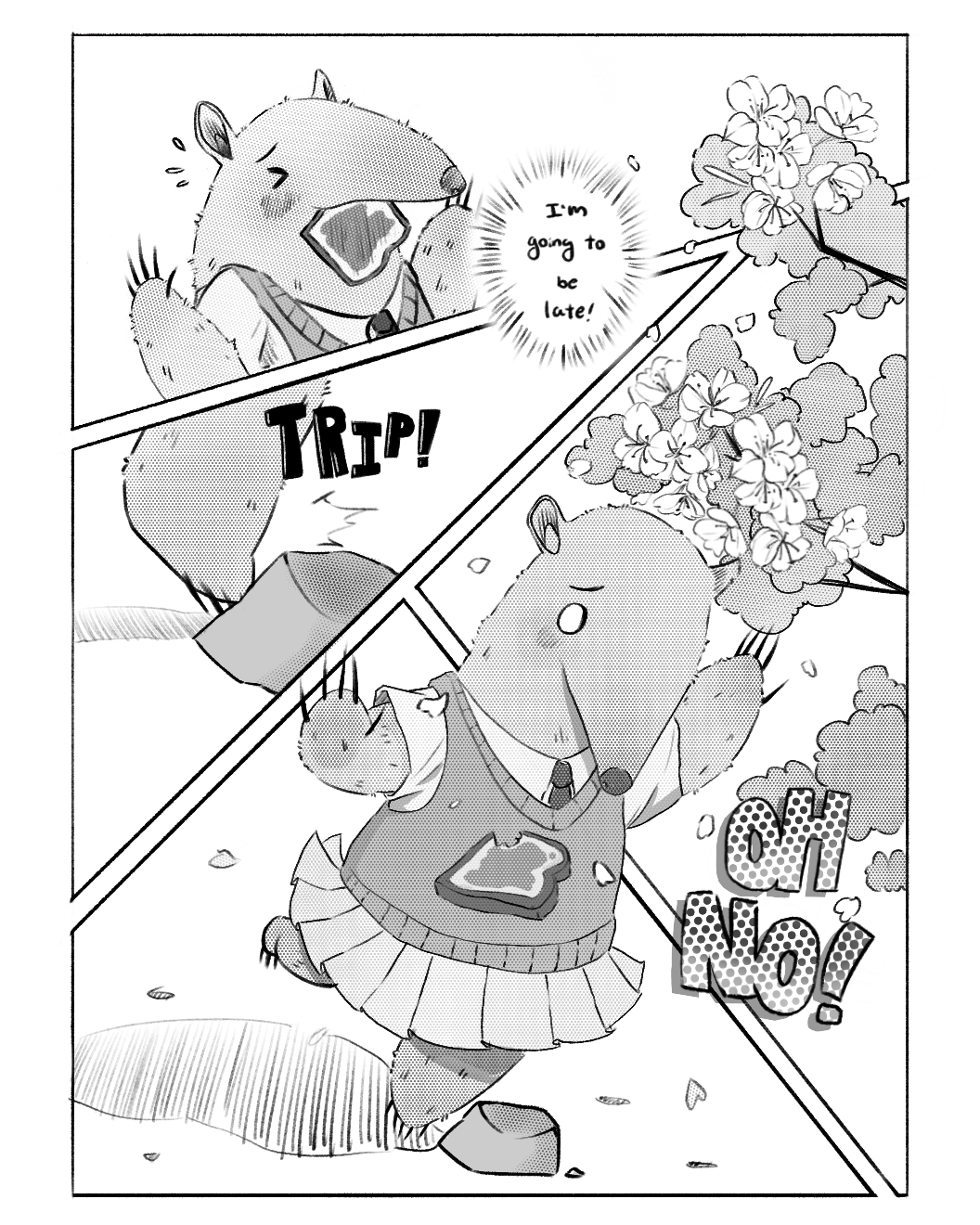 Three panels showing Peter the Anteater going to class. Panel one shows a worried Peter still eating a slice of bread while running, stating that he's going to be late to class. Panel two is a close up of him tripping on a rock. Panel three shows a full body drawing of Peter tripping over the rock and his bread flying out of his mouth. Extra panel on the right shows cherry blossoms in the background.