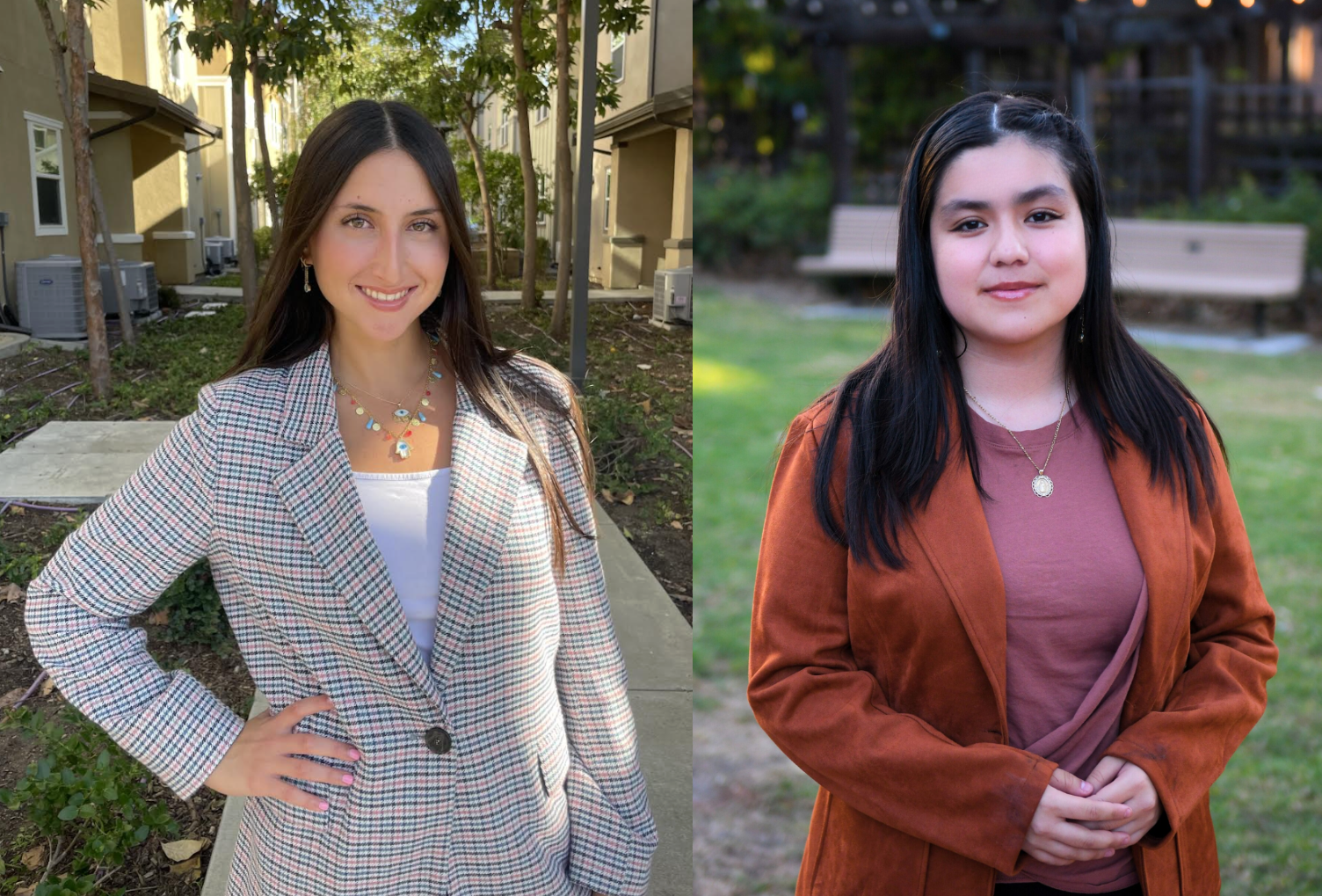 Two photos of the candidates running for Academic Affairs Vice President are shown. On the left is Alexa Allaham and on the right is Denise Rojas. Allaham wears a patterned grey suit jacket while Rojas wears an orange suit jacket.