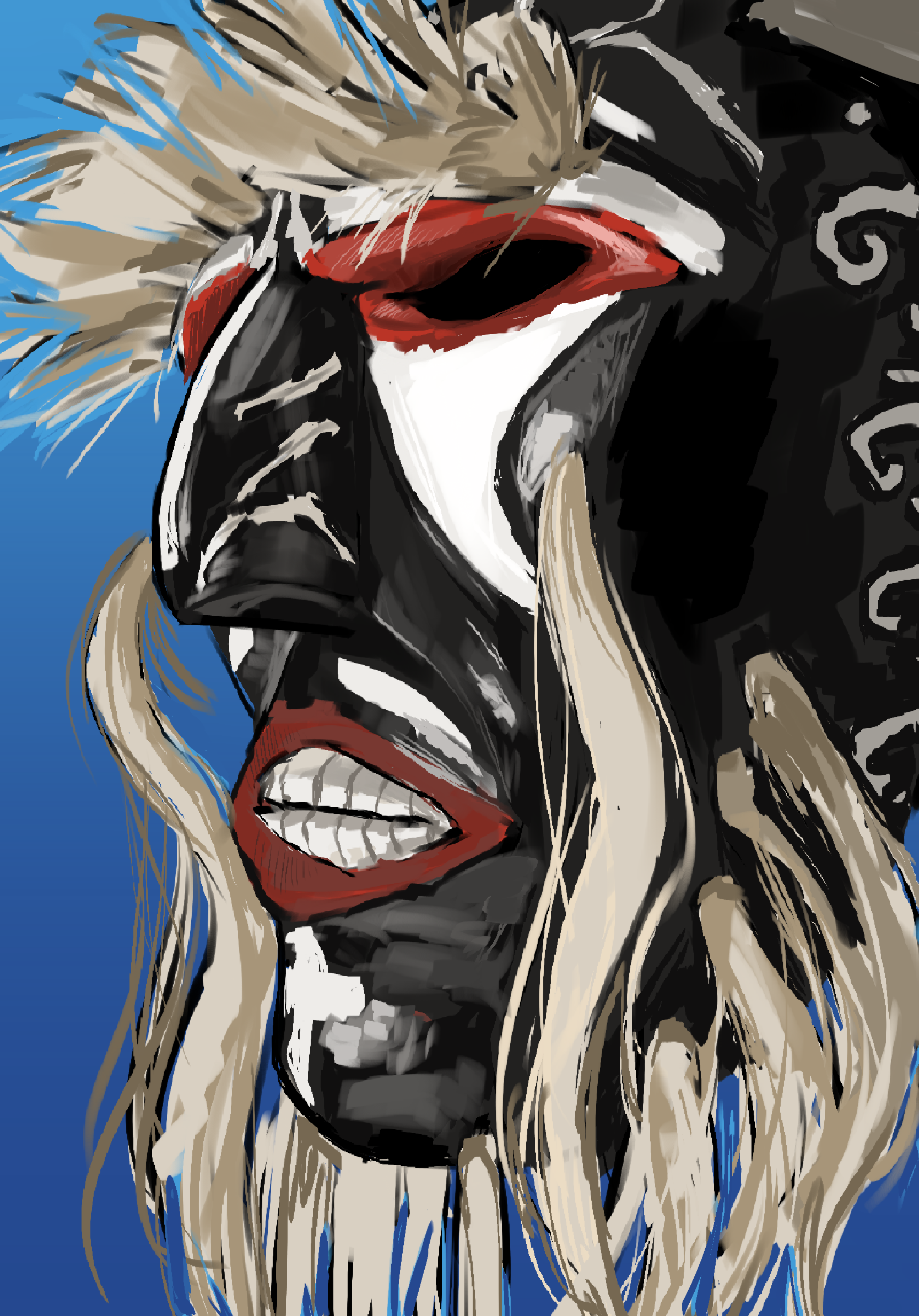 A drawing of a Yaqui Pascola mask. The mask is human faced and contains hair which are placed on the eyebrow, cheek, and jawline area. The base of the mask is black, with red and white details on the mask. Details include red around the eyes, red around the mouth to represent lips, white to represent teeth, and a white cross on the chin. The background is a blue gradient.