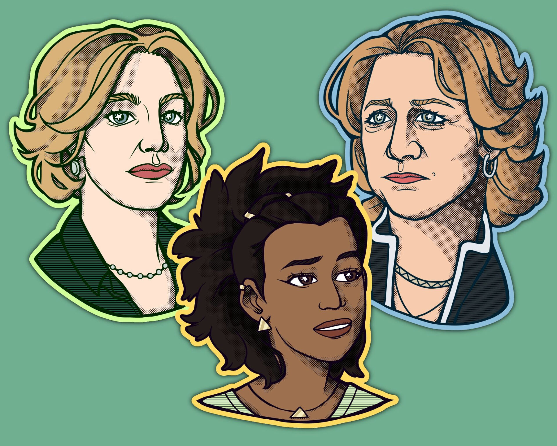Bust Illustrations of Skyler White, Amber Bennett, and Carmela Soprano lined up against a blank background. Skyler White is on the left, Amber Bennett is in the middle, and Carmela Soprano is on the right.