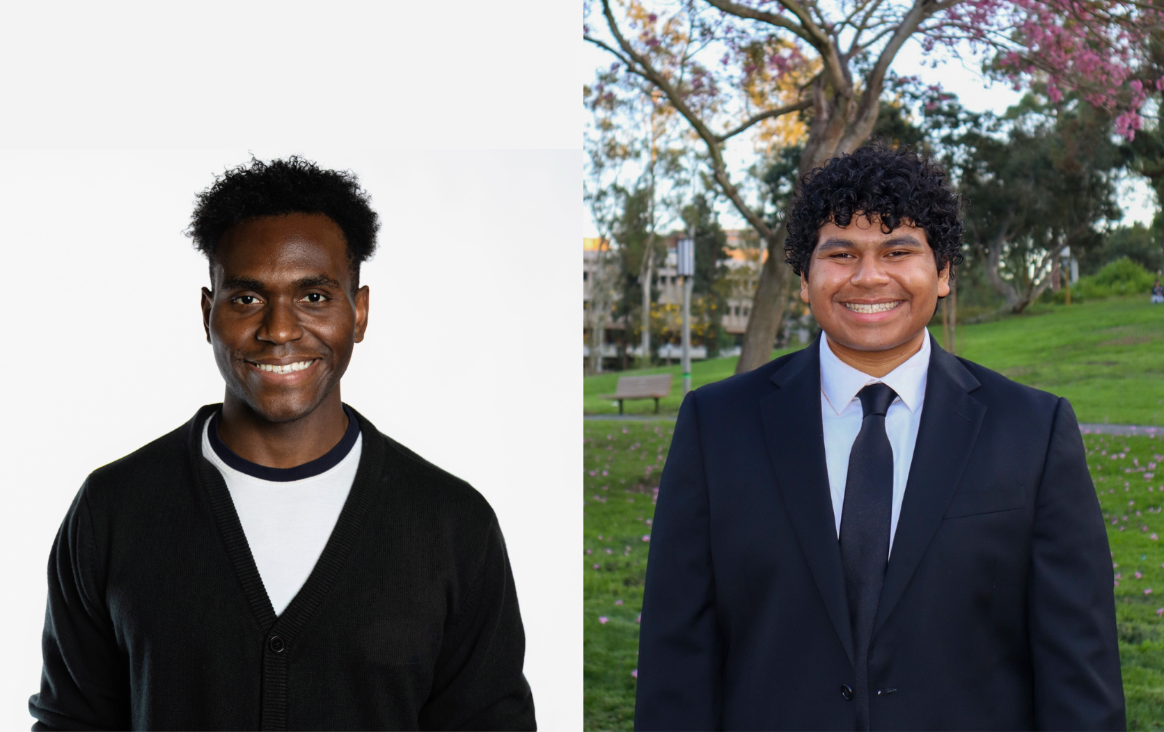 Two photos of ASUCI Internal Vice President candidates Antoine Mbok (left) and Joshua Gonzales (right) are shown next to each other. Mbok stands in front of a white background in a black jacket while Gonzales stands in front of Aldrich Park in a suit.