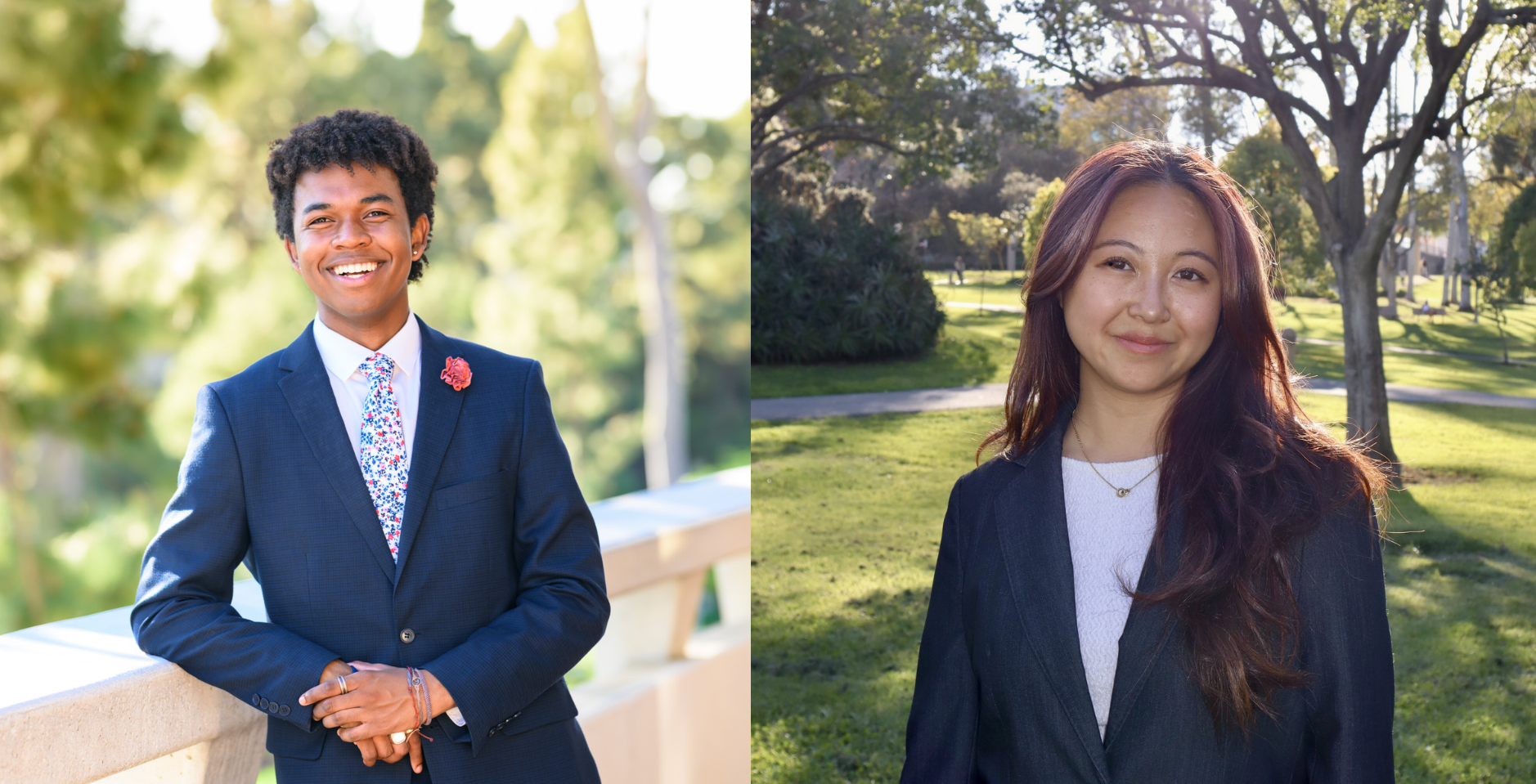 Two photos of the ASUCI presidential candidates are shown. Gabriel Mutsvangwa is shown on the left and Summer Tram Anh Phan is shown on the right. Both are posed in front of greenery and are wearing suits.