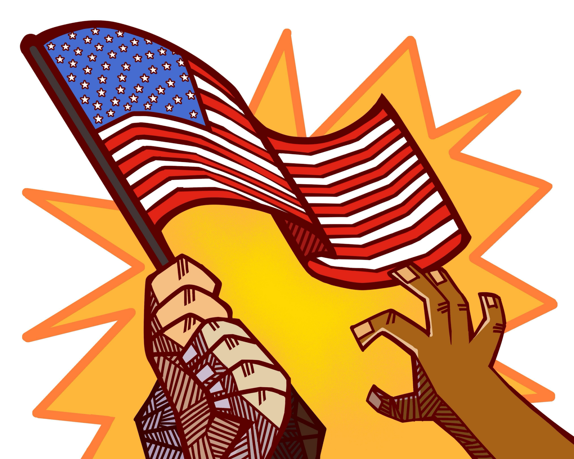 In a bold geometric style, the United States of America flag is being held by four hands of various shades. A sole hand is reaching out towards the flag but is not able to hold it. There is a bold yellow and orange burst behind this scene.