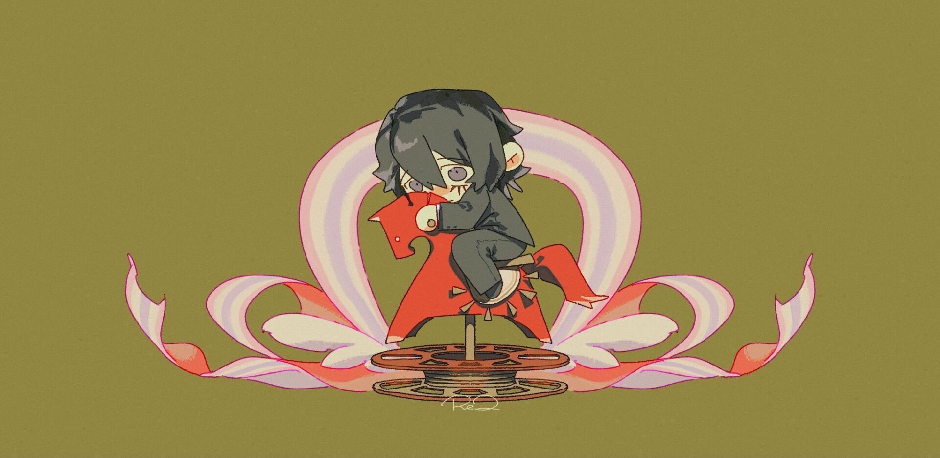 A chibi-style figure in dark clothing sits on a bright red rocking horse above a circular film-reel base. Pastel ribbon-like swirls fan out behind the figure on an olive-green background.
