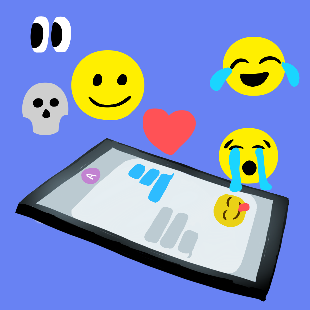 A cartoon drawing of a phone on a periwinkle background displays a text thread. Emojis of laughing, smiling, a heart, a skull, and a pair of eyes float out of the phone.
