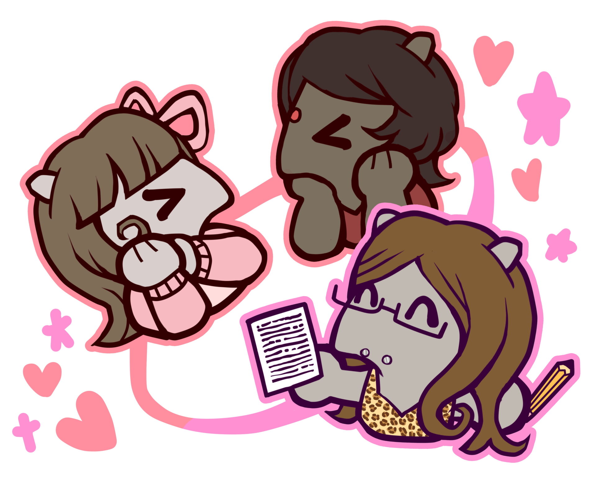 An illustration of three anteaters interacting. On the left, a brown-haired anteater in a pink sweater and bow giggles with closed eyes. In the top center, a dark-furred anteater rests its chin on its hands, looking on lovingly. On the bottom right, a long-haired anteater wearing glasses and a leopard-print top happily holds up a sheet of paper. The background features pink hearts, stars, and a looping pink line connecting them.
