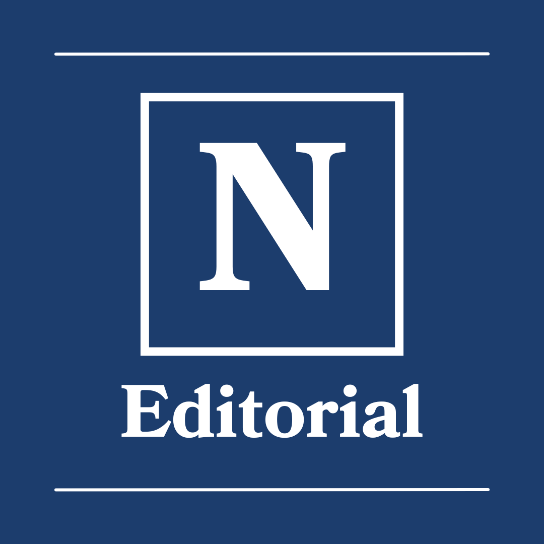The white 'N' that represents New University has a white square around it. The backdrop is navy. The word 'Editorial' is underneath it.