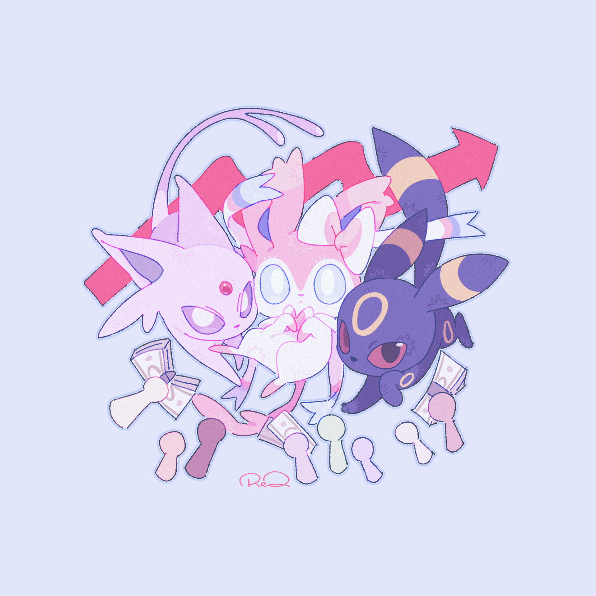 Espeon, Sylveon and Umbreon are grouped together against a light lavender background. Several hands at the bottom hold stacks of money, and large pink arrows rise behind the Pokémon to suggest increasing prices and card inflation.