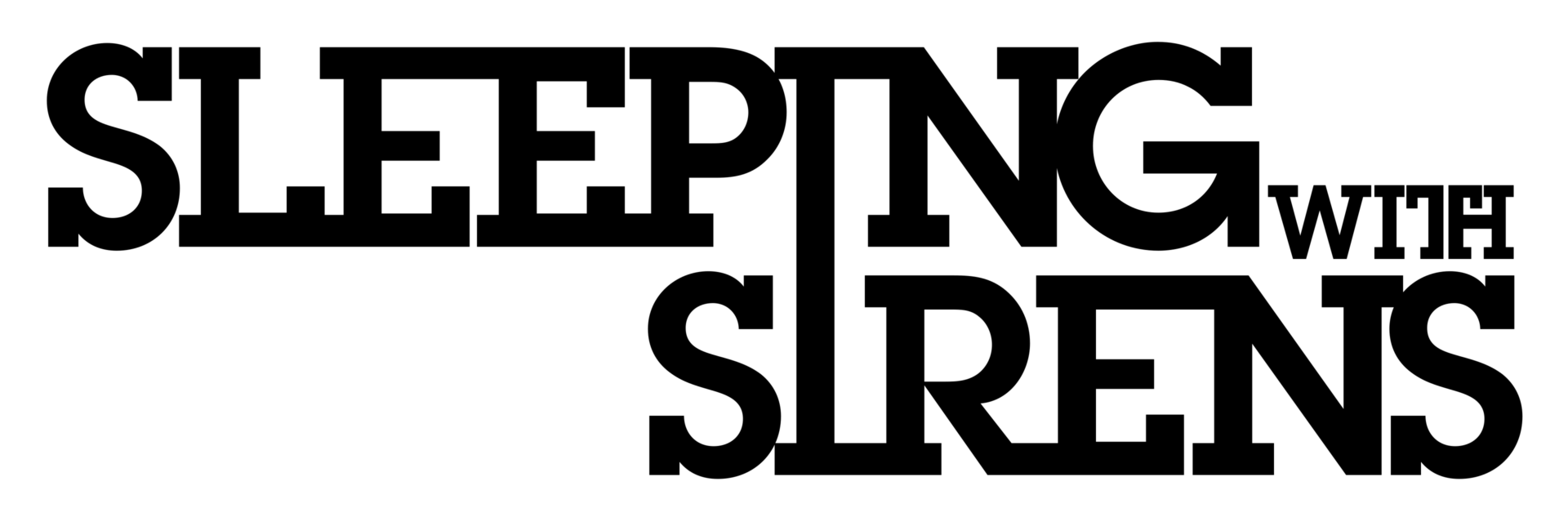 Sleeping With Sirens is written with black in front of a white background. Sleeping and With are on top, while Sirens is below — Sleeping and Sirens being connected by sharing their I.