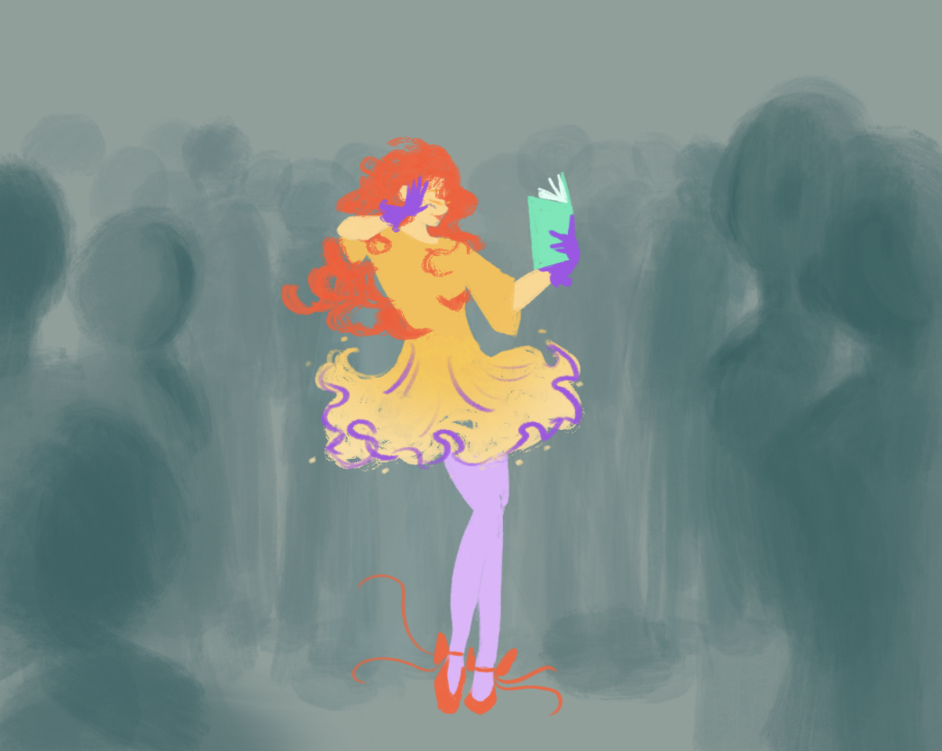 Colorful character behind a background of silhouettes reading a book