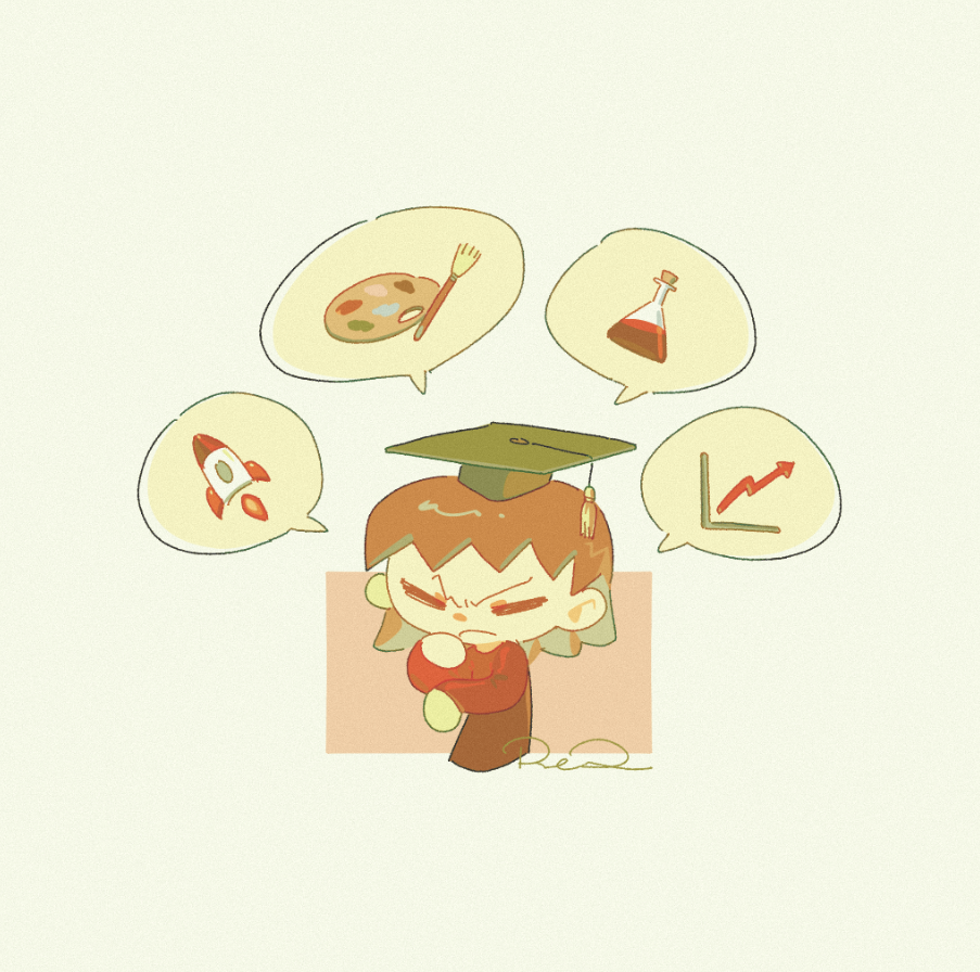 A cartoon student wearing a graduation cap stands with a worried expression and one hand on their chin. Four thought bubbles surround them, showing different possible paths: an artist’s palette and brush, a chemistry flask, a rocket, and an upward-trending graph.