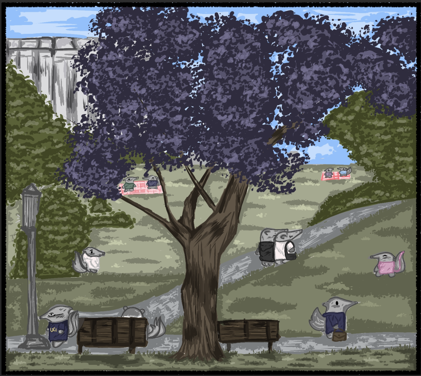 A large tree with purple petals stands in the center of the image. Surrounding it are two benches, one of which shows the back of an Anteater. In a pathway leading up a hill, two Anteaters are walking together. Scattered among the grass fields on a sunny day, Anteaters walk, sit together, and talk. In the very far back left corner, Langson Library peeks behind the tree.