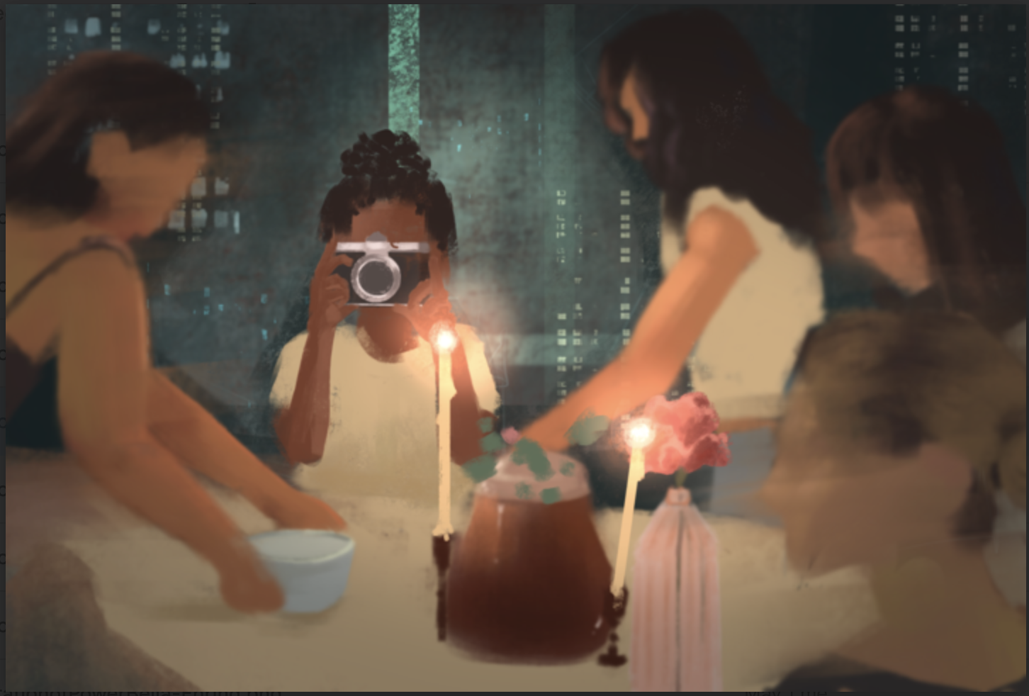 A group of people gathered together around a candle-lit table, framing one person taking a photo of the event