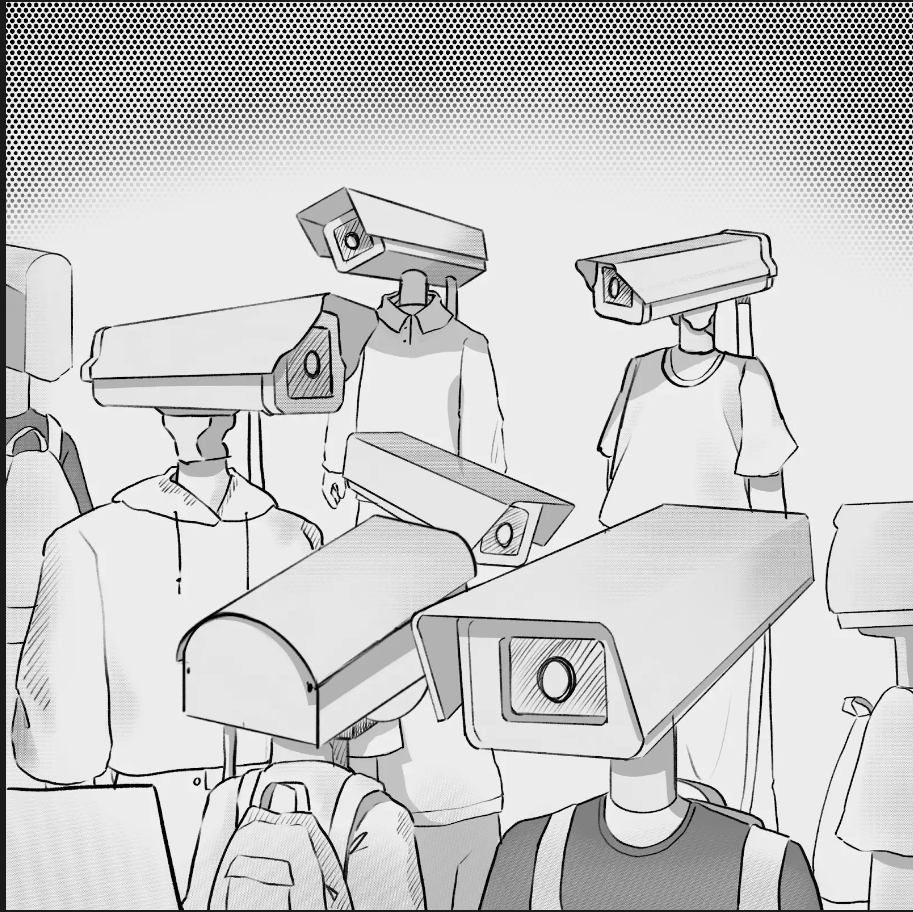 A crowd of students with security cameras as heads stand around. Some are wearing t-shirts, hoodies and backpacks. The background is white with a gradient to black.