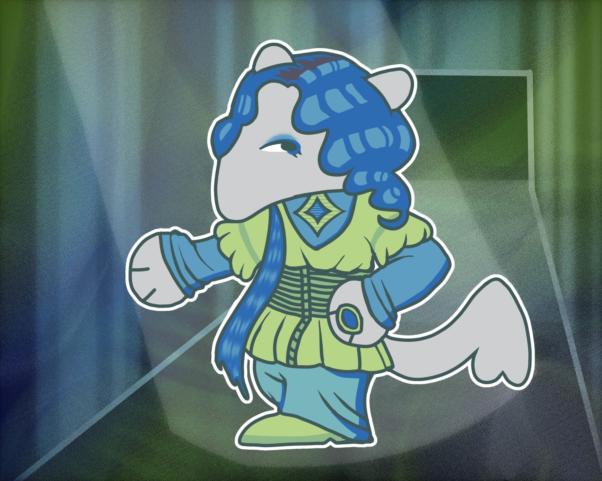 A fashionable anteater confidently struts down a lit runway. It has curly blue hair, blue eyeshadow, and a stylish green and blue outfit under a dramatic spotlight.