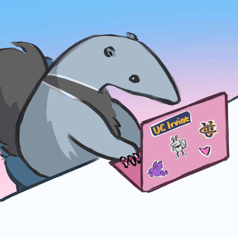 Peter the Anteater is studying on a pink laptop that is decorated with stickers, including UC Irvine stickers and Petr stickers. Peter is in front of a blue and pink gradient background.