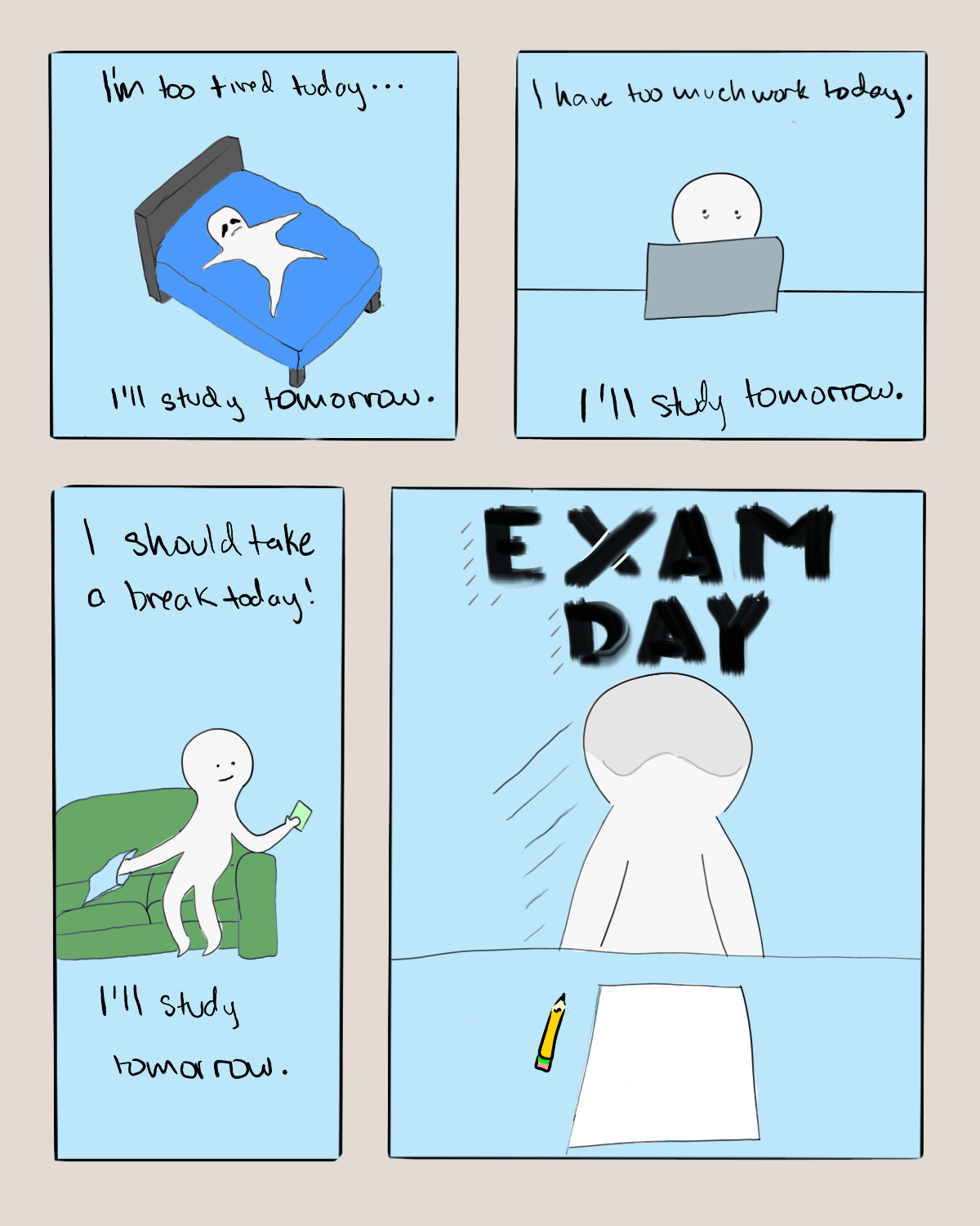 Four panel comic. In the first panel, a person lays on their bed, the words 
