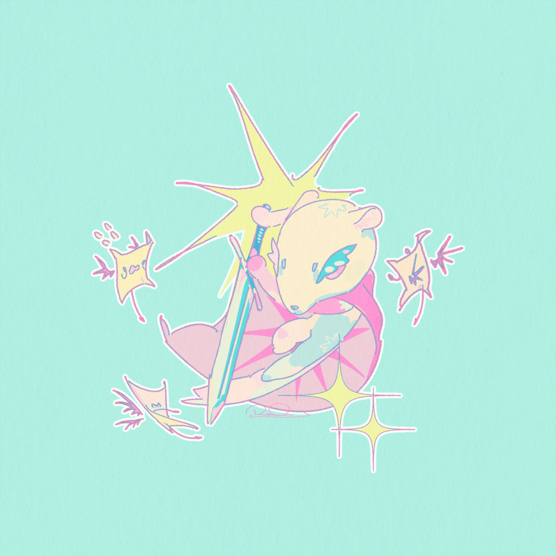 An anteater character styled like a fantasy game hero crouches in the center holding a sword and shield. Several paper-like flying creatures surround the mascot like enemies, while bright starbursts and sparkles appear around the scene on a light teal background.